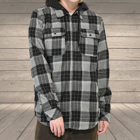 Empyre Chancer Grey & Black Hooded Flannel Shirt - Picture 1 of 4